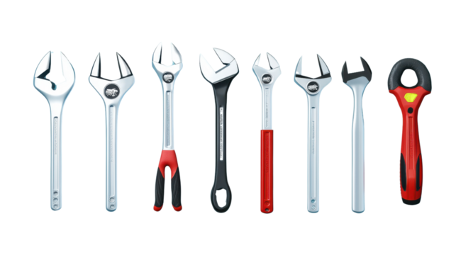 Assortment of various metallic tools including wrenches pliers and other hand tools used for maintenance repair construction and DIY projects in a workshop garage or industrial setting