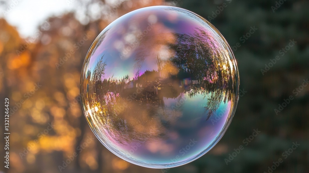 Poster close-up of a soap bubble floating in the air. the bubble is spherical and appears to be made of a s