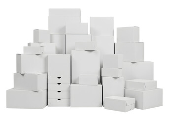 Obraz premium Stack of white boxes on black backdrop for shipping and packaging