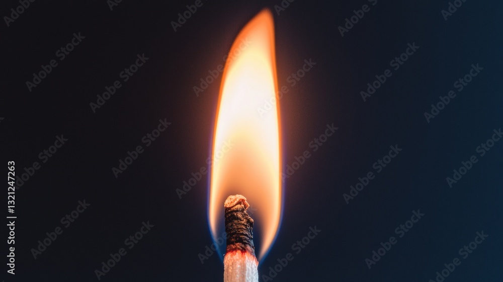 Poster close-up of a lit matchstick. the matchstick is in the center of the image, with the flame extending