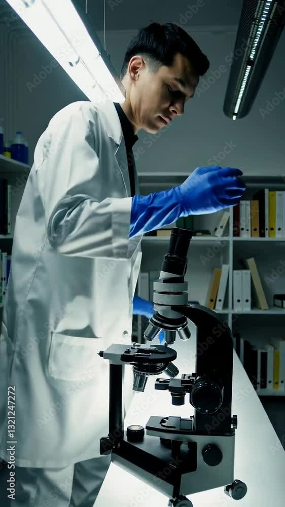Poster laboratory scientist examines samples under microscope for research analysis in modern lab