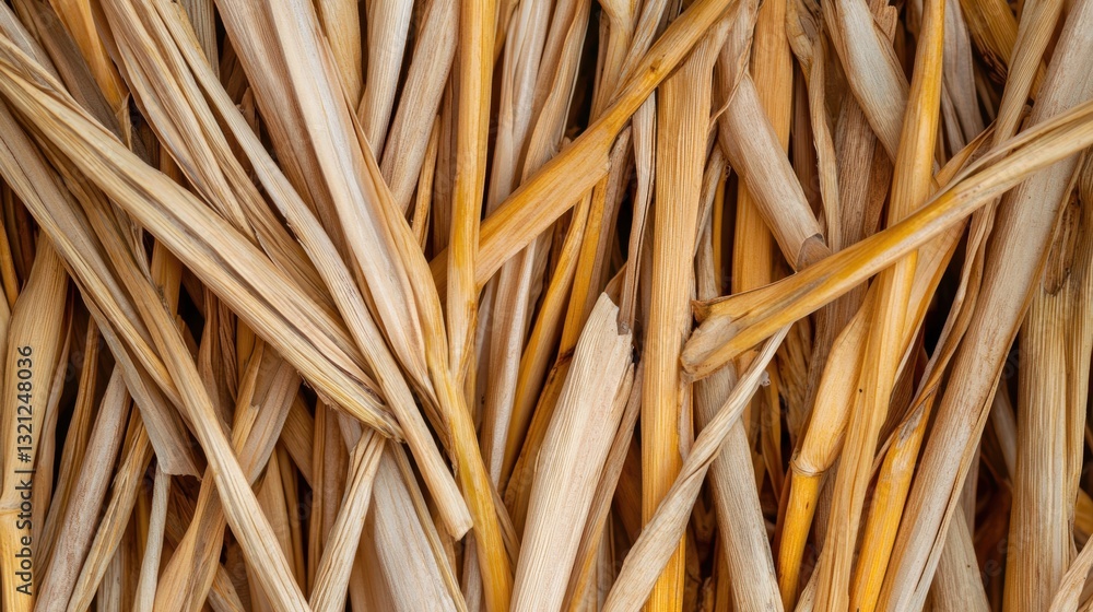 Poster close-up of a pile of dry grass blades. the blades are arranged in a random pattern, with some overl