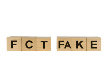 Fact versus fake written on wooden blocks on a Transparent Background