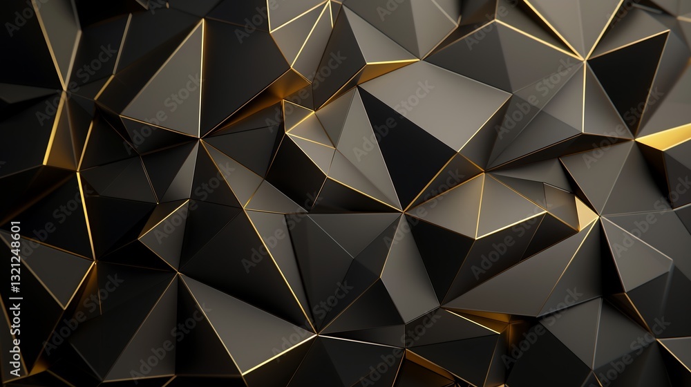 Poster a bold 3d abstract background with interlocking metallic polygons in gold and black, sharp edges and