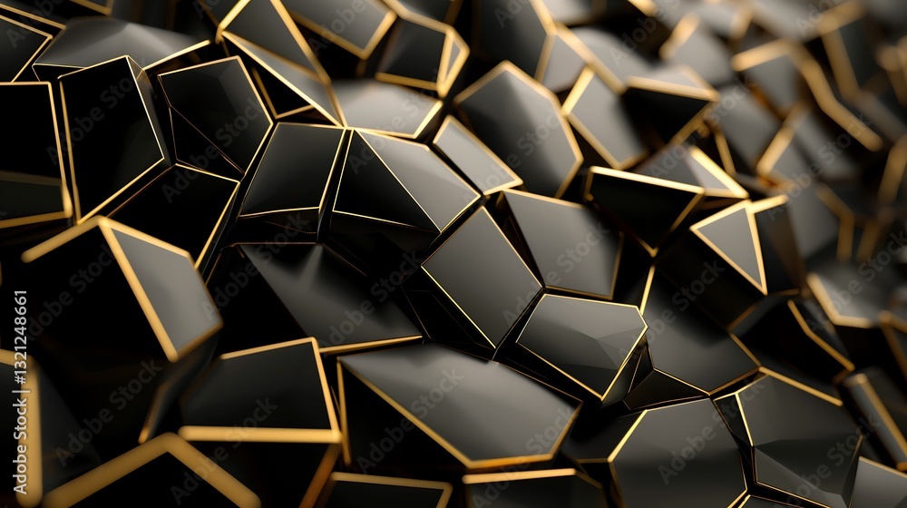 Poster a bold 3d abstract background with interlocking metallic polygons in gold and black, sharp edges and