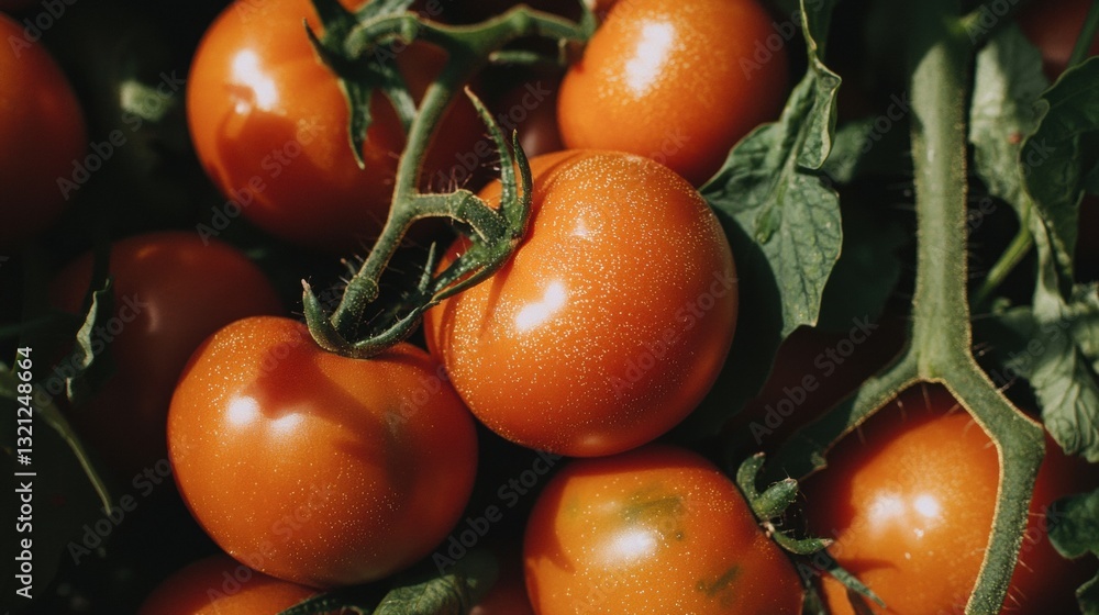 Poster close-up of a bunch of ripe tomatoes on a plant. the tomatoes are bright orange in color and appear 