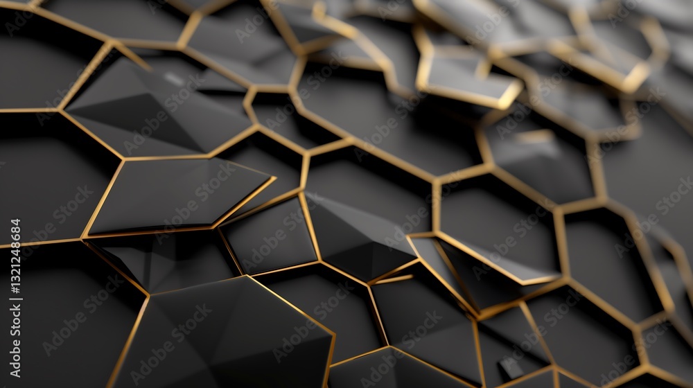 Poster a bold 3d abstract background with interlocking metallic polygons in gold and black, sharp edges and