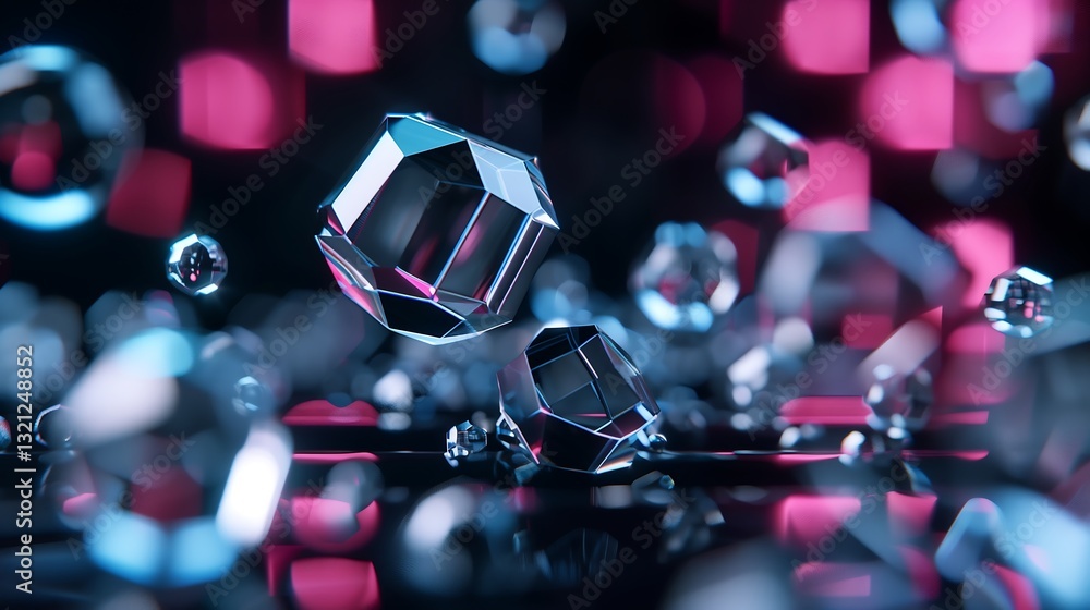 Poster a dynamic 3d abstract background with floating geometric shapes, translucent glass-like spheres and 