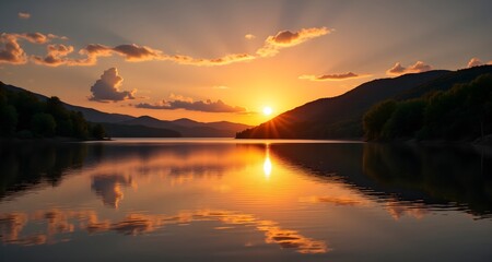 Obraz premium Tranquil sunset over a pristine lake with golden sky reflections on calm water, surrounded by soft glowing clouds and serene nature, sunset over the lake