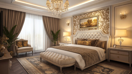 Fototapeta premium A beautifully decorated bedroom with a large bed, stylish bedding, and elegant wallpaper