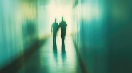 Fototapeta premium Two silhouetted figures walking down a blurred corridor, suggesting movement and mystery in a modern building