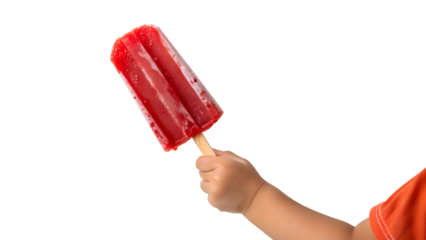 A kid holding red Popsicle ice cream isolated on white background, hand with ice cream.