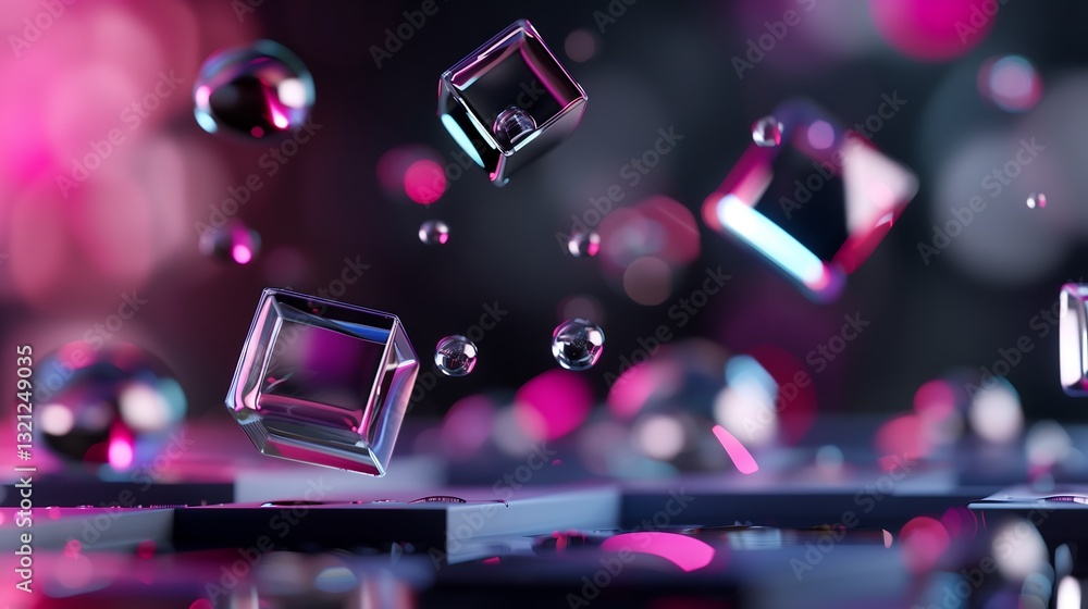 Poster a dynamic 3d abstract background with floating geometric shapes, translucent glass-like spheres and 