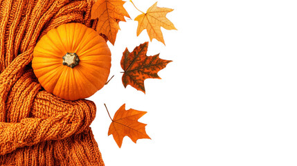 Cozy autumn still life composition with orange pumpkin colorful maple leaves and warm knitted accessories like scarf and sweater  Rustic