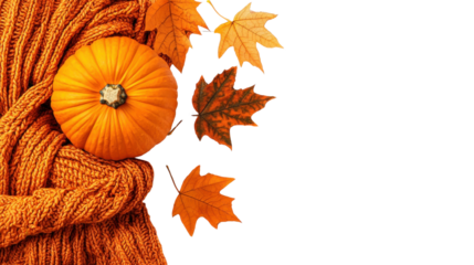 Cozy autumn still life composition with orange pumpkin colorful maple leaves and warm knitted accessories like scarf and sweater  Rustic