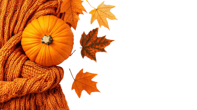 Cozy autumn still life composition with orange pumpkin colorful maple leaves and warm knitted accessories like scarf and sweater  Rustic