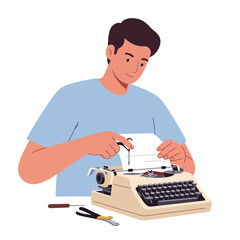 Man repairing vintage typewriter in flat vector illustration style with tools and paper