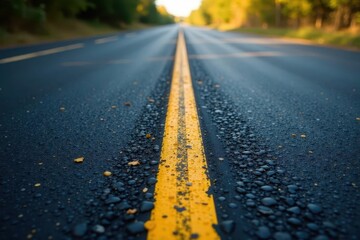 Fototapeta premium Continuous yellow lines on asphalt road surface , yellow paint, lane