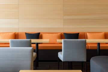 Modern Club Lounge Interior Design Orange Accents and Minimalist Wood Paneling