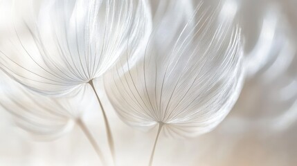 Obraz premium Delicate white dandelion seeds softly illuminated against a blurred background, creating a serene and ethereal atmosphere