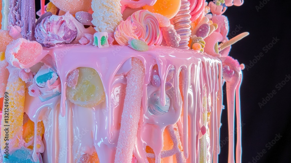 Poster close-up of a colorful cake with a drizzle of pink icing on top. the icing is dripping down the side