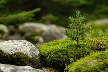 Lush Green Moss and Small Evergreen Tree Seedling Near Stream