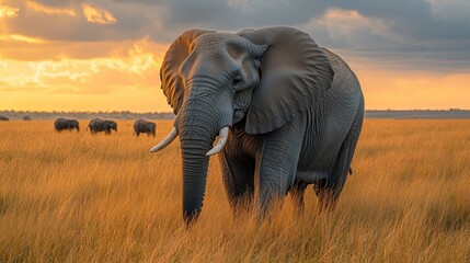 Fototapeta premium Majestic elephant in golden savanna (1)