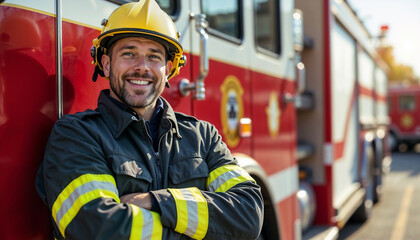 Fototapeta premium Photo of a smiling fireman with crossed hands against the fire department car, sunny daytime