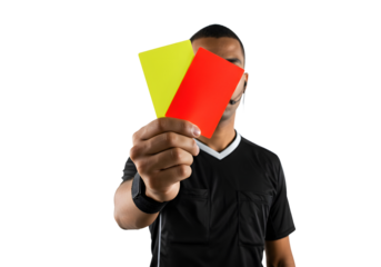 Referee Holding Yellow and Red Cards Up Against Transparent Background