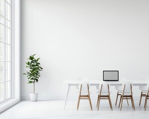 Empty white conference room with a single open laptop, symbolizing a career move