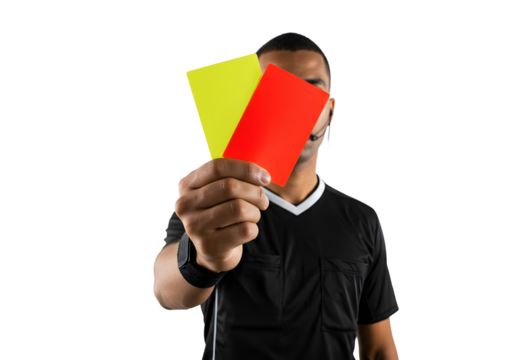 Referee Holding Yellow and Red Cards Up Against Transparent Background