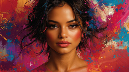 Close up portrait of a young woman with dark hair against an abstract colorful background. Perfect for fashion, beauty or art projects.