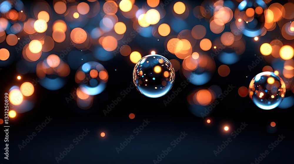 Poster 3d abstract art background concept. bright and colorful bubbles surrounded by glowing orbs on a dark