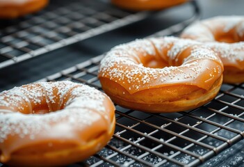 Golden-brown donuts, glazed, powdered sugar dusting, cooling rack, sugar, bakery