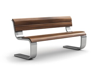Modern wooden and metal park bench on white background.