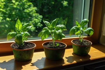 Obraz premium Sunlit window displays thriving basil plants in charming pots, s