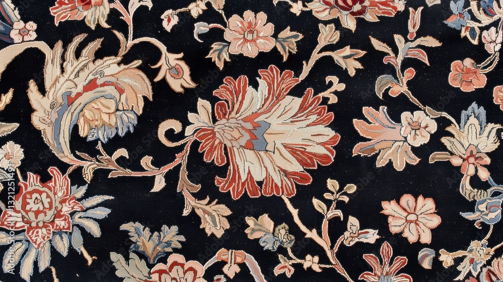 Poster close-up of a fabric with a floral pattern. the background is black, and the pattern is made up of v