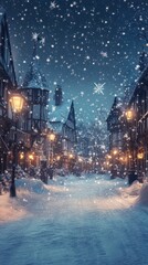 Obraz premium Snowfall on cobblestone street, quaint village, night