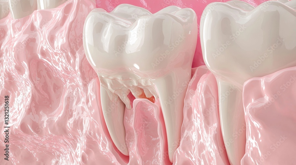 Poster 3d illustration of a tooth with a missing tooth. the tooth is white and appears to be in the process