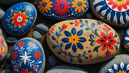 Painted smooth stones with colorful floral designs arranged on dry grass