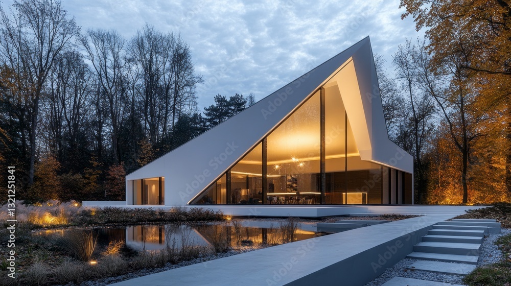 Poster modern design meets nature in this striking structure nestled among autumn trees. soft lights reflec
