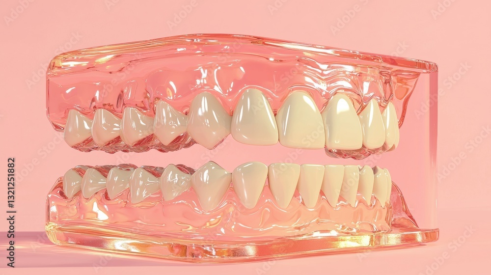 Poster 3d rendering of a set of teeth in a clear, transparent frame. the teeth are arranged in a symmetrica