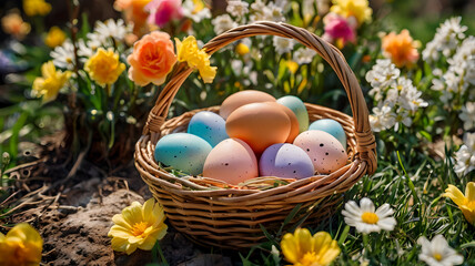 The concept of a bright Easter holiday. Beautiful background with Easter eggs in a wicker basket and spring cherry blossoms.