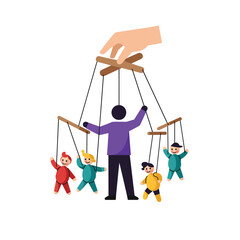 Hand controlling puppets in flat style vector art illustration