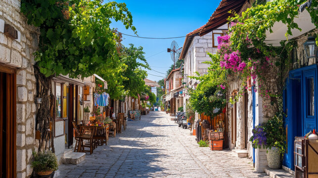 A charming street view of Alacati, Turkey, known for its architecture, vineyards, and windmills