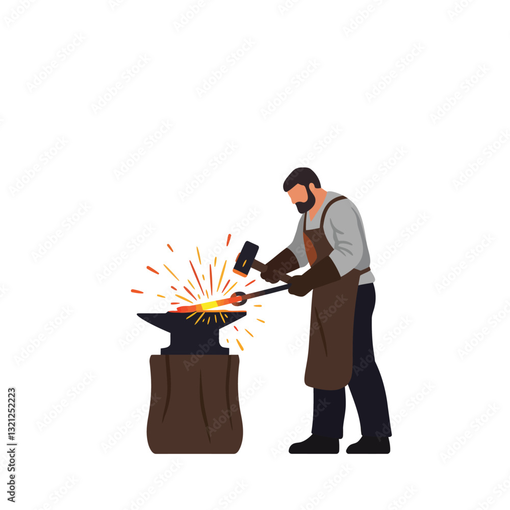 Poster blacksmith working at an anvil with sparks flying in flat vector art