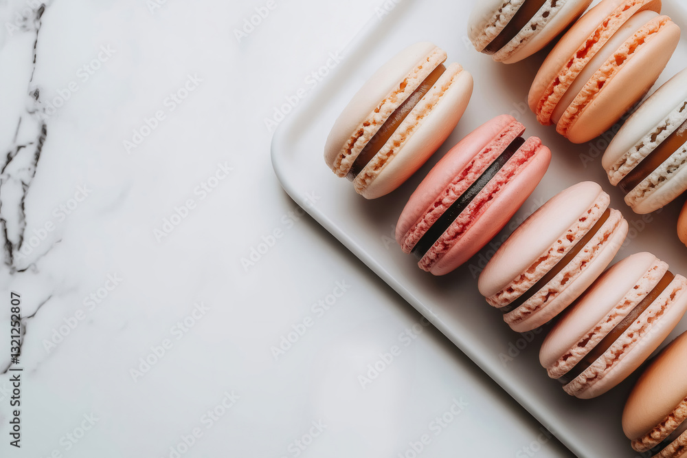 Aufkleber batch of colorful macarons is arranged neatly on a white rectangular tray, creating a visually appea