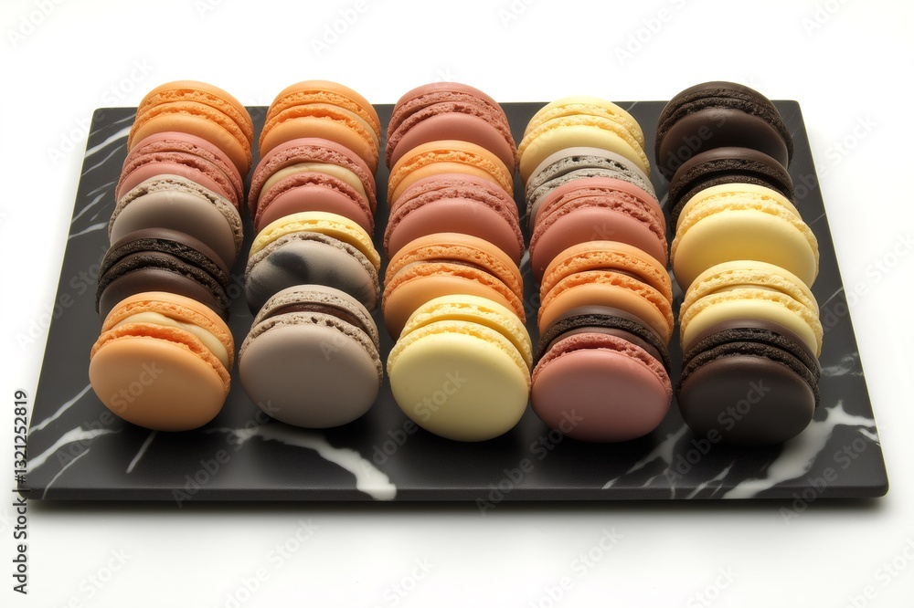 Poster batch of colorful macarons arranged on a marble tray, creating a delightful pastry display for a swe