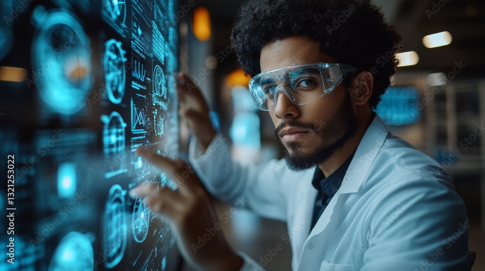 Poster A researcher in a lab uses advanced simulations to investigate the principles of quantum mechanics such as superposition and entanglement. The atmosphere emphasizes innovation and technology.