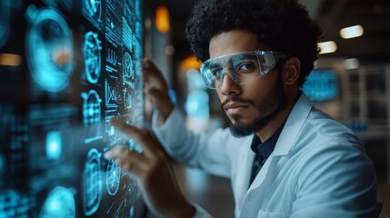 A researcher in a lab uses advanced simulations to investigate the principles of quantum mechanics such as superposition and entanglement. The atmosphere emphasizes innovation and technology.